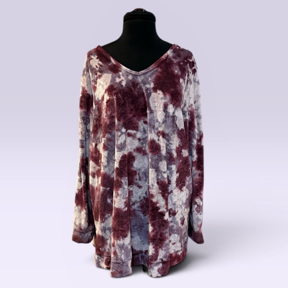 Catherines Burgundy and Gray Tie-Dye V-Neck Velvet Terrycloth Pullover